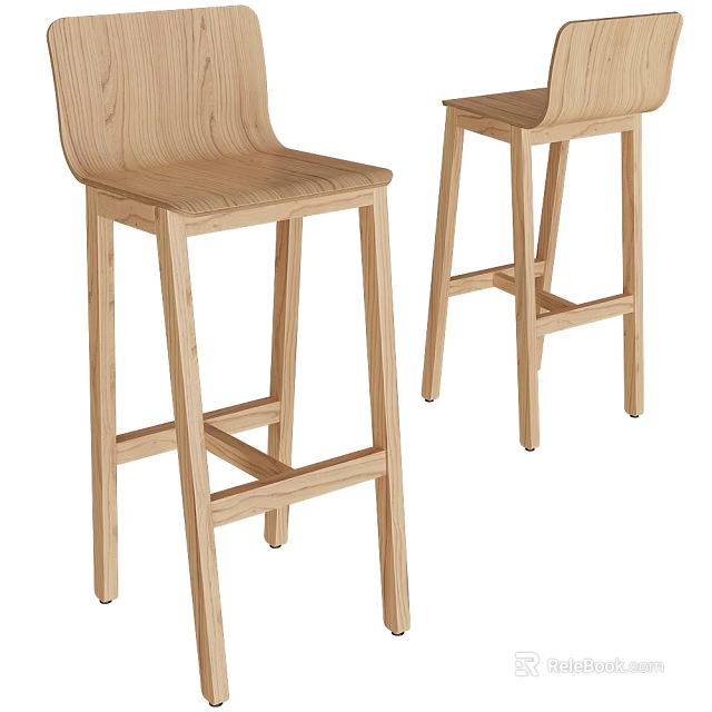 Two Light Wooden Bar Stools With Simple Design And High Backrest 3d model 