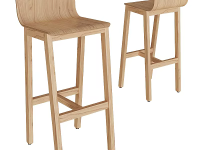 Two Light Wooden Bar Stools With Simple Design And High Backrest 3d model