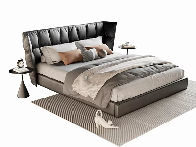 Elegant Double Bed with Black Leather Headboard Pillows Blanket Side Tables and Rug 3d model