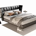 Elegant Double Bed with Black Leather Headboard Pillows Blanket Side Tables and Rug