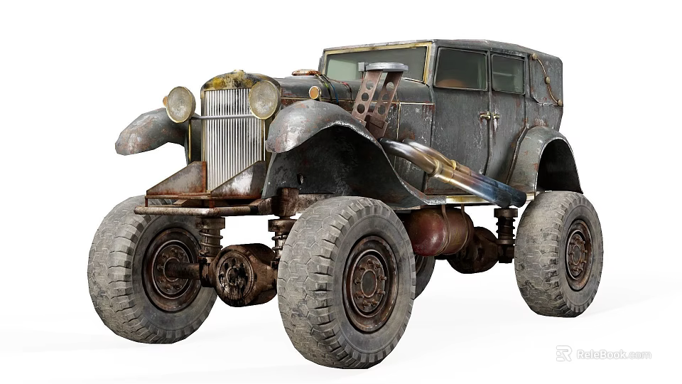 Vintage Rusty Functional Vehicle With Large Tires And Sturdy Modified Body 3d model