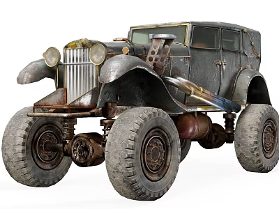 Vintage Rusty Functional Vehicle With Large Tires And Sturdy Modified Body 3d model