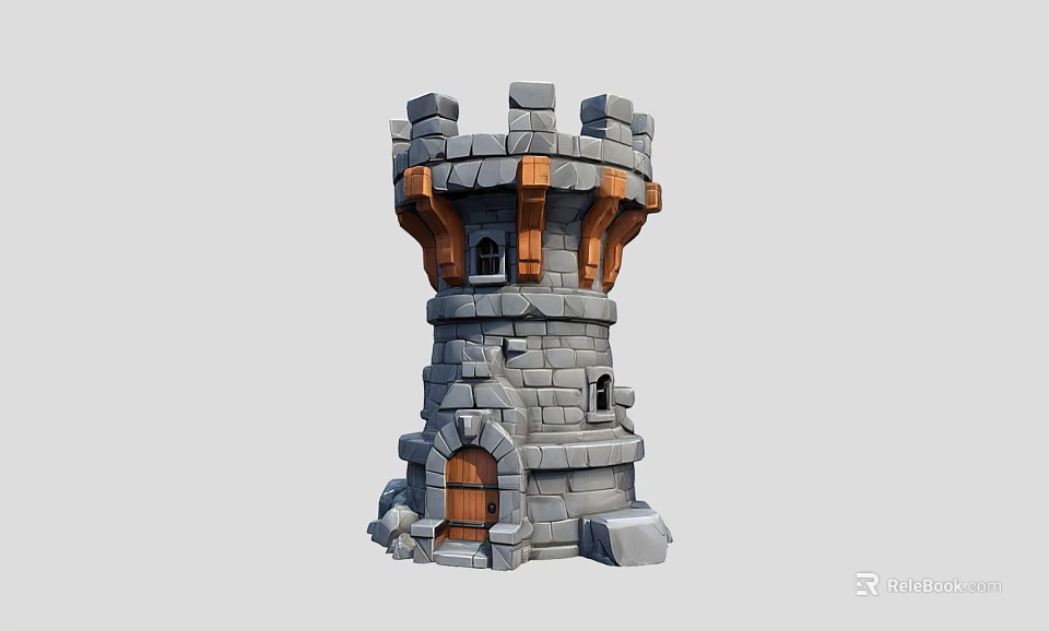 Medieval Stone Tower Structure With Stone Blocks Wooden Elements And Door Windows 3d model 