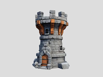 Medieval Stone Tower Structure With Stone Blocks Wooden Elements And Door Windows 3d model