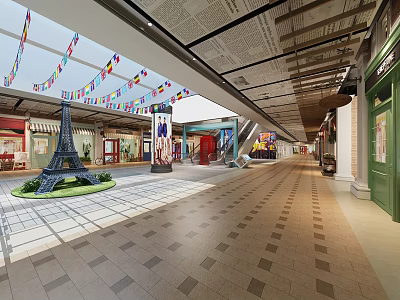 Shopping Mall Hall With Eiffel Tower Model Colorful Flags Shops Tile Floor And Ceiling Lights 3d model