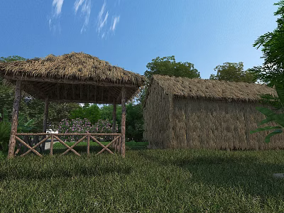 Rustic Thatched House And Wooden Pavilion In Green Grass With Trees Under Blue Sky 3d model