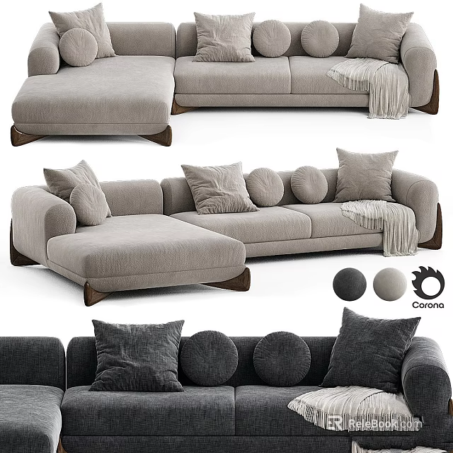 Modern L shaped Gray Fabric Sofa With Multiple Pillows And Cooova 3d model 