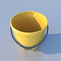 Three Colorful Buckets Red Green Yellow With Metal Handles On Light Blue Surface
