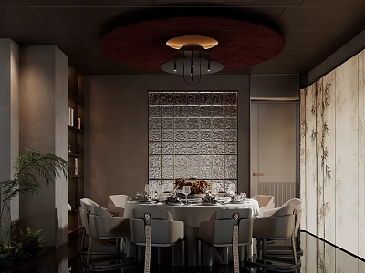 Elegant Private Dining Room With Round Dining Table Decorative Wall Chandelier Gray Chairs And Plants 3d model