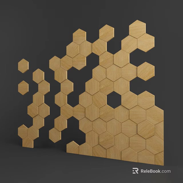 Modern Wooden Wall Panel With Hexagonal Blocks In Honeycomb Pattern Light Tone Against Dark Background 3d model 