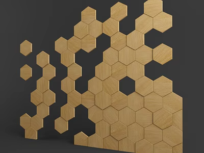 Modern Wooden Wall Panel With Hexagonal Blocks In Honeycomb Pattern Light Tone Against Dark Background 3d model