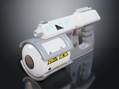 Handheld Household Device With White Gray Body Red Button Yellow Warning Labels And Blue Indicators 3d model