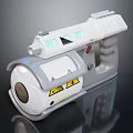 Handheld Household Device With White Gray Body Red Button Yellow Warning Labels And Blue Indicators