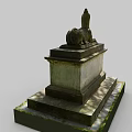 Intricate Stone Sphinx Sculpture Carving On Pedestal With Mossy Base In Outdoor Setting