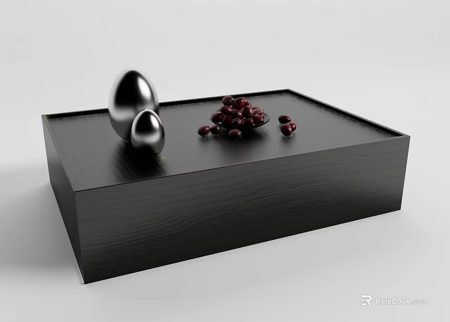 Black Wooden Coffee Table with Silver Spherical Decorations and Red Berries 3d model