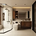 Modern Bathroom Interior Design With Glass Shower Wooden Vanity Large Mirror And White Toilet
