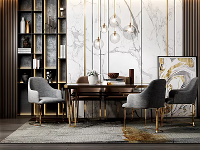 Elegant Dining Table Set with Gray Chairs Golden Legs Modern Pendant Lights and Marble Wall 3d model
