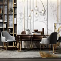 Elegant Dining Table Set with Gray Chairs Golden Legs Modern Pendant Lights and Marble Wall