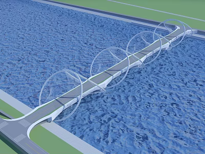 Modern Architectural Bridge With Circular Arches Spanning Blue Water Surface 3d model