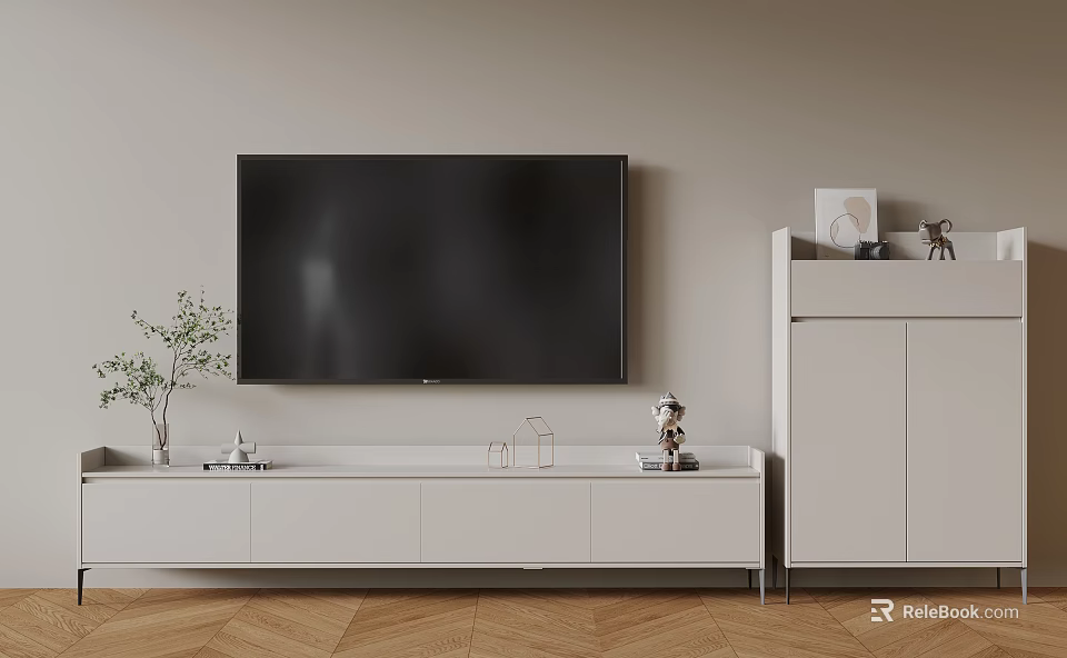 Modern White TV Stand With Wall Mounted TV Decorative Items Green Plant And Wooden Floor 3d model 