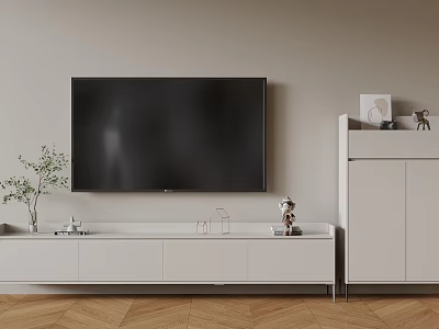 Modern White TV Stand With Wall Mounted TV Decorative Items Green Plant And Wooden Floor 3d model