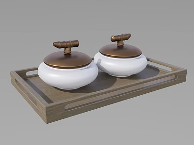 Elegant White Tea Jars With Brass Lids On Wooden Serving Tray 3d model