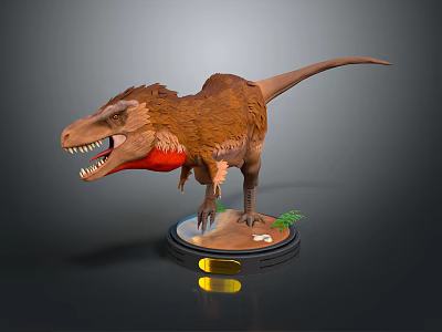 Tyrannosaurus Rex Model With Brown Body Red Neck On Display Base Featuring Green Plants 3d model