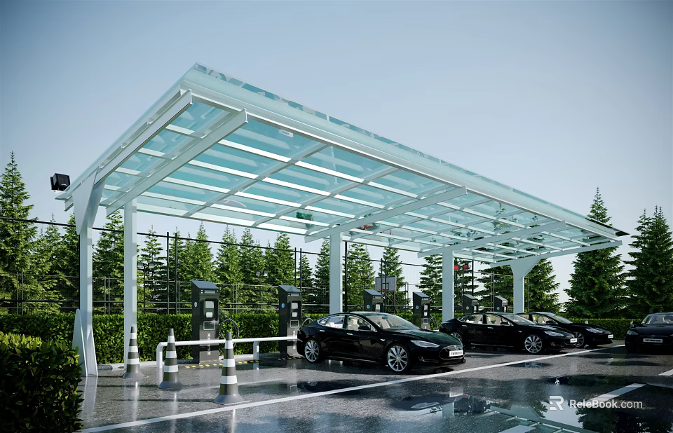 Glass Roofed Parking Shelter with Black Cars Charging Stations and Green Trees 3d model 