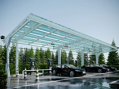 Glass Roofed Parking Shelter with Black Cars Charging Stations and Green Trees 3d model