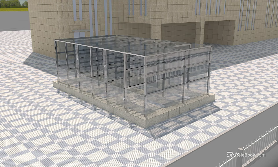 Modern Public Facility Featuring Glass Structure And Grid Pattern Floor With Stone Background 3d model 