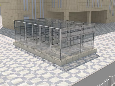 Modern Public Facility Featuring Glass Structure And Grid Pattern Floor With Stone Background 3d model