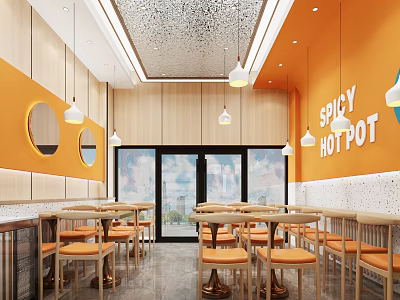 Bright Restaurant Interior With Orange Walls Wooden Tables Hanging Lights And Spicy Hot Pot Sign 3d model