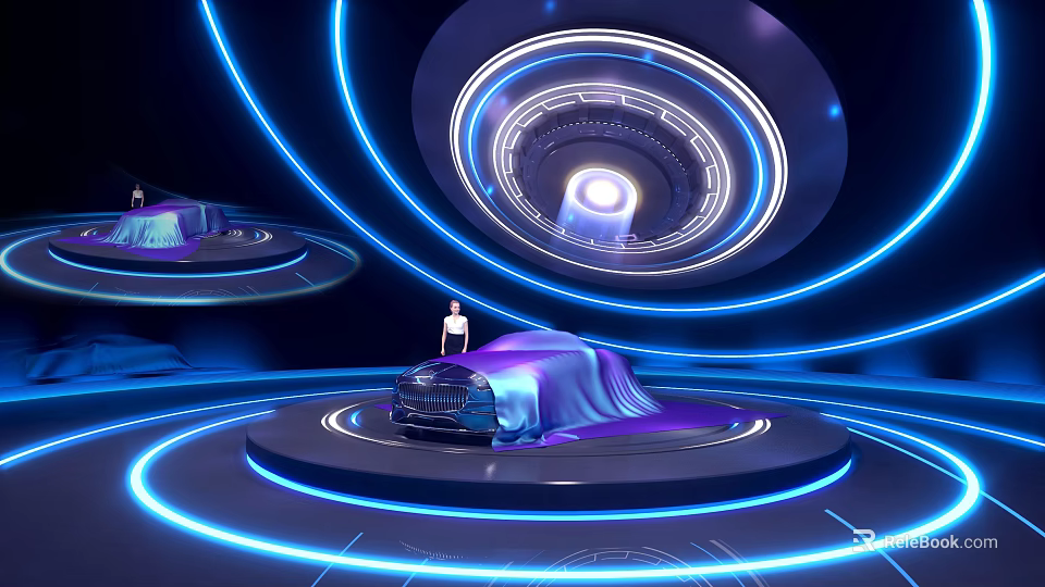 Futuristic Showroom Interior With Blue Circular Lighting And Covered Car On Platform 3d model 