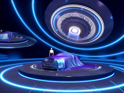 Futuristic Showroom Interior With Blue Circular Lighting And Covered Car On Platform 3d model