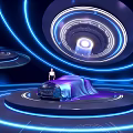 Futuristic Showroom Interior With Blue Circular Lighting And Covered Car On Platform