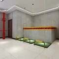 Fire Safety Exhibition Area With Brick Wall Arched Windows And Flame Effects 3d model