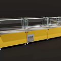 Commercial Kitchen Equipment With Yellow Cabinets Glass Display Shelves And Stainless Steel Worktables