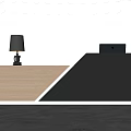Modern Reception Desk With Wooden Black Finish Table Lamp Laptop And Circular Patterned Wall