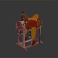 Red And Orange Saddle Resting On Wooden Stand For Daily Household Use
