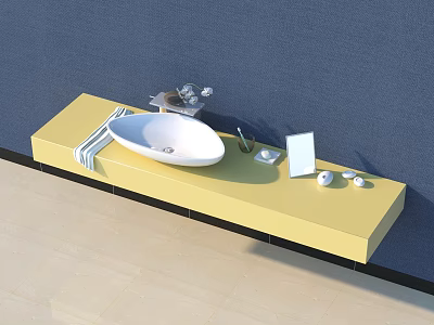 Modern White Washbasin on Yellow Countertop with Faucet Towel and Accessories in Blue Wall Bathroom 3d model