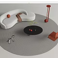 White Curved Sofa And Black Round Coffee Table Set With Gray Round Rug Green Plant