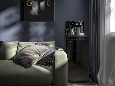 Sunlit Modern Living Room With Green Sofa Black Cabinet Holding Coffee Machine And Kettle 3d model