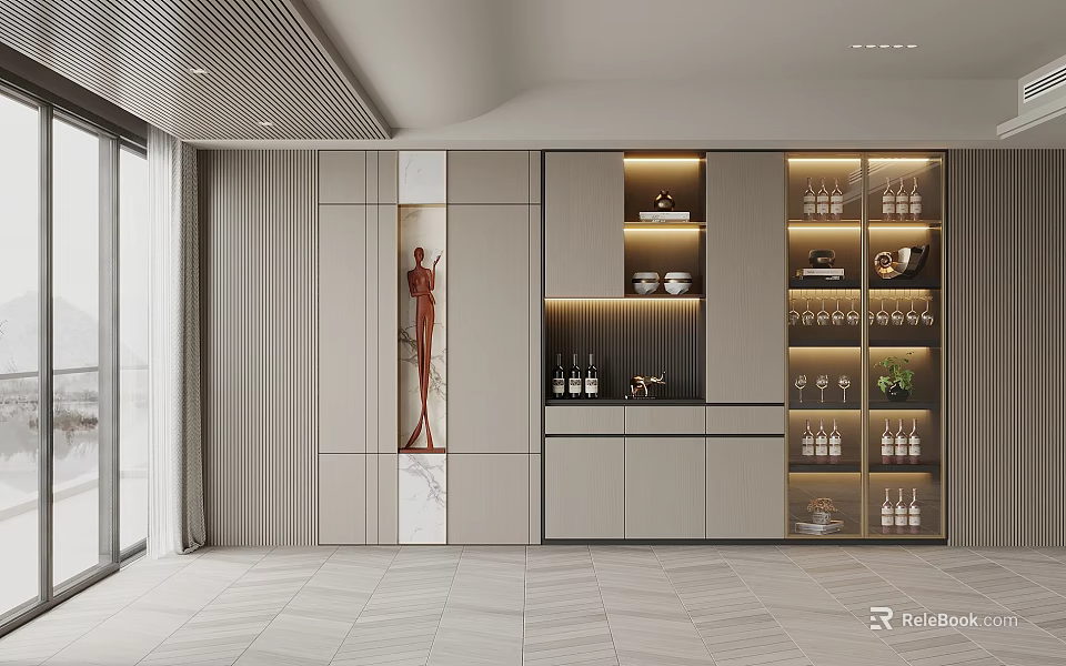 Elegant Modern Wine Cabinet In Kitchen Interior With Lighted Shelves And Wine Bottles 3d model 