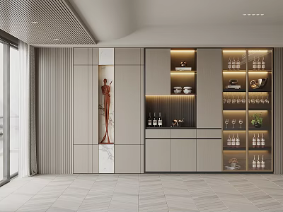Elegant Modern Wine Cabinet In Kitchen Interior With Lighted Shelves And Wine Bottles 3d model