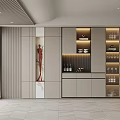 Elegant Modern Wine Cabinet In Kitchen Interior With Lighted Shelves And Wine Bottles
