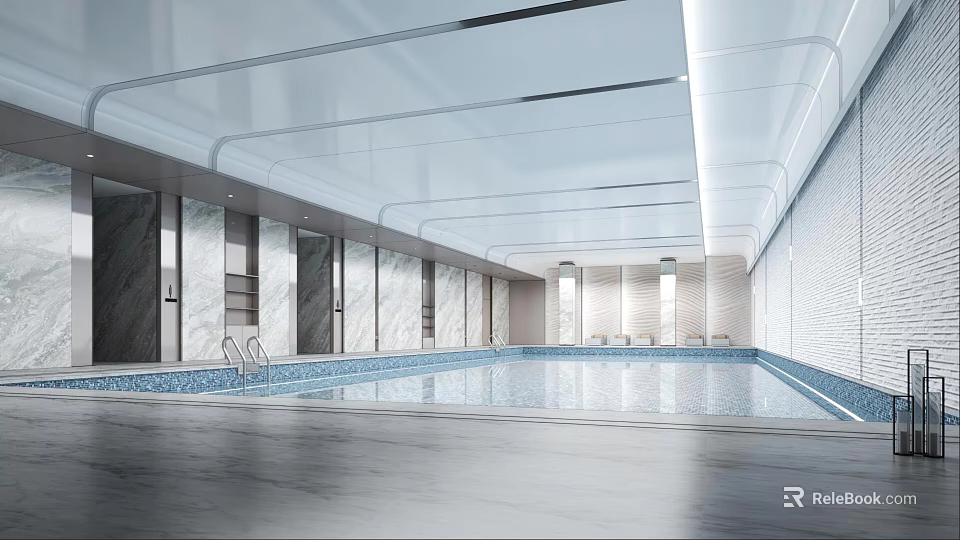 Spacious Modern Indoor Swimming Pool With Marble Walls White Ceiling And Seating Area 3d model 