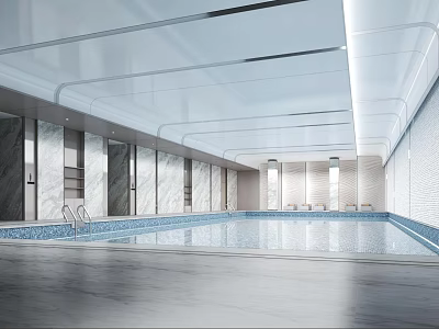 Spacious Modern Indoor Swimming Pool With Marble Walls White Ceiling And Seating Area 3d model