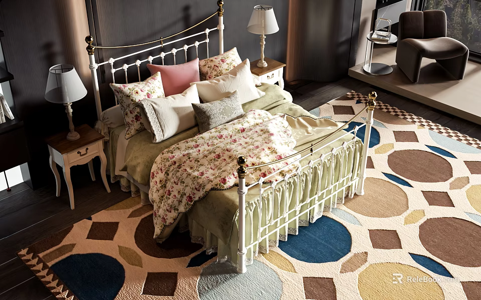 White Metal Frame Double Bed With Floral Quilt Bedside Tables Table Lamps And Geometric Rug 3d model 