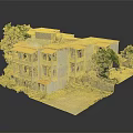 Cartoon Scene Multi Storey Building With Red Roofs And Grey Walls Surrounded By Green Trees