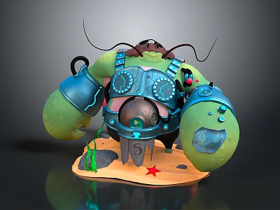 Mechanical Crab Creature With Green Body Blue Armor Sandy Base Red Star And Plants 3d model